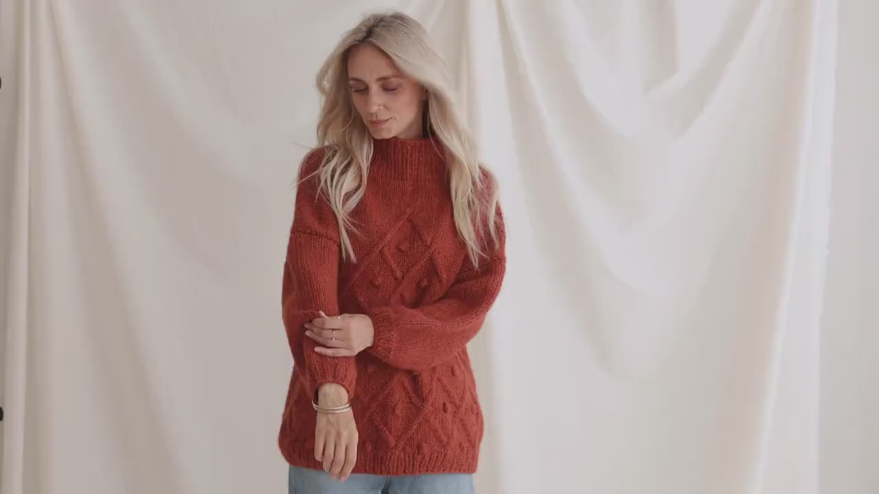 Orange Sweater, Soft Cable Knit Jumper, Tabasco Alpaca Pullover, Chunky Knit Wool Sweater, Balloon Sleeve Pullover In Red, Knitted Jumper