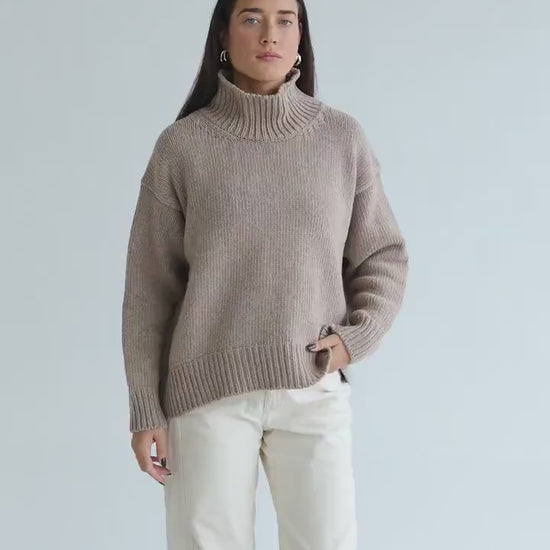 Camel Chunky Knitted Oversized Merino Wool Pullover With High Neck, Beige Cable Knit Woolen Turtleneck Sweater With Longer Back,Taupe Jumper