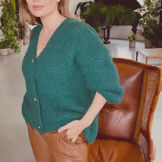 Green chunky knit alpaca cardigan with buttons for women, cable knitted oversize sweater, handmade bomber with balloon sleeves, minimalist