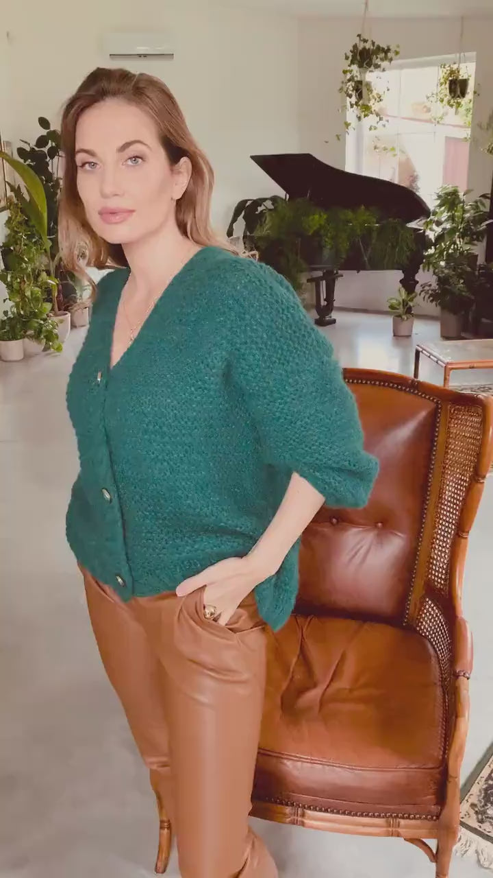 Green chunky knit alpaca cardigan with buttons for women, cable knitted oversize sweater, handmade bomber with balloon sleeves, minimalist