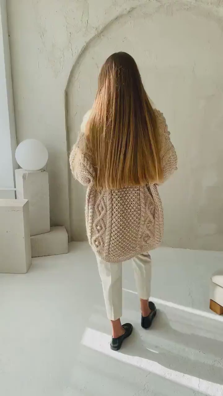 Light Gray Oversized Alpaca Cardigan With Buttons, Chunky Cable Knit Cardigan, Grey Irish Women Sweater, Handmade Wool Cardigan For Women