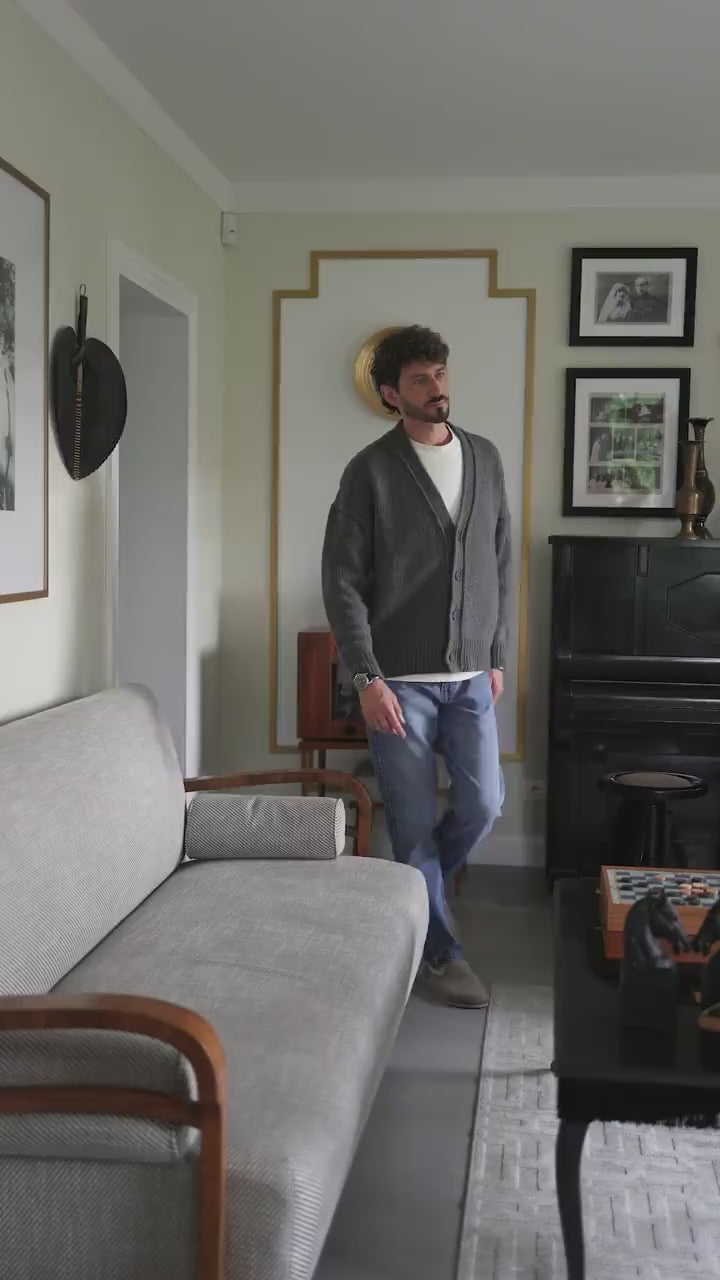 Gray Merino Wool Cardigan With Buttons And Pockets