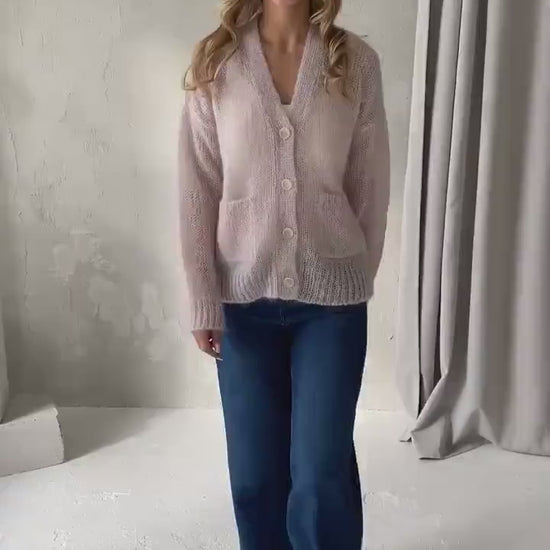 Fluffy Cable Knit Mohair Cardigan With Pockets And Buttons, Fuzzy Lightweight Pastel Pink Minimal Style Buttoned V-neck Jacket For Women
