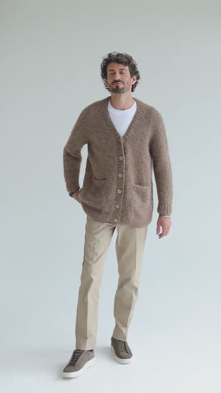 Mens knitted beige alpaca wool cardigan, pastel knit Scandinavian style sweater for man, minimalist jacket with buttons and pockets for men
