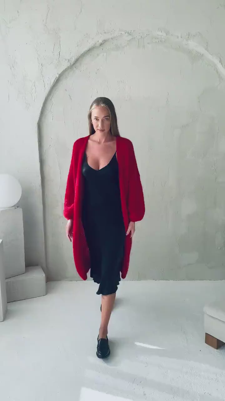 Long red mohair cardigan, oversized mohair sweater, cable knit alpaca sweater, rose red coat, chunky knitted cardigan with balloon sleeves