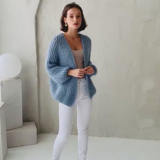 Light blue cable knit mohair cardigan, oversized sky blue sweater, chunky knit alpaca cardigan, open front loos knit cardigan, strickjacke