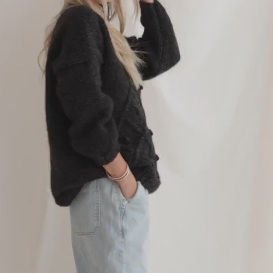 Dark Gray Sweater, Soft Cable Knit Jumper, Grey Alpaca Pullover, Chunky Knit Wool Sweater, Balloon Sleeve Pullover In Grey, Knitted Jumper