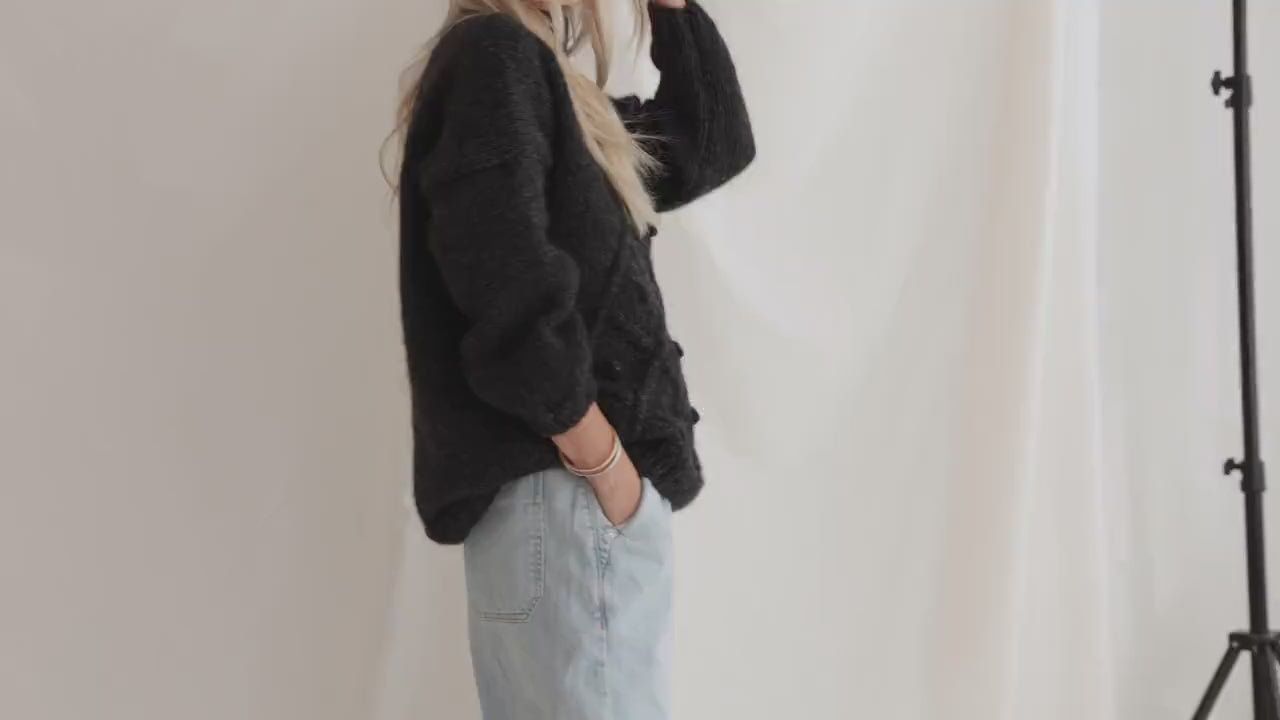 Dark Gray Sweater, Soft Cable Knit Jumper, Grey Alpaca Pullover, Chunky Knit Wool Sweater, Balloon Sleeve Pullover In Grey, Knitted Jumper