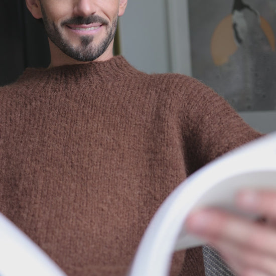 Chunky knit brown alpaca wool sweater for men, cable knitted woolen men's jumper, handmade thick winter minimalist pullover, gift for a man