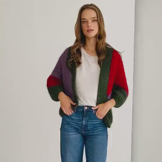 Green mohair cardigan, cable knit alpaca wool blend sweater, oversized purple fluffy bomber, red fuzzy chunky knitted cardigan, minimaliste