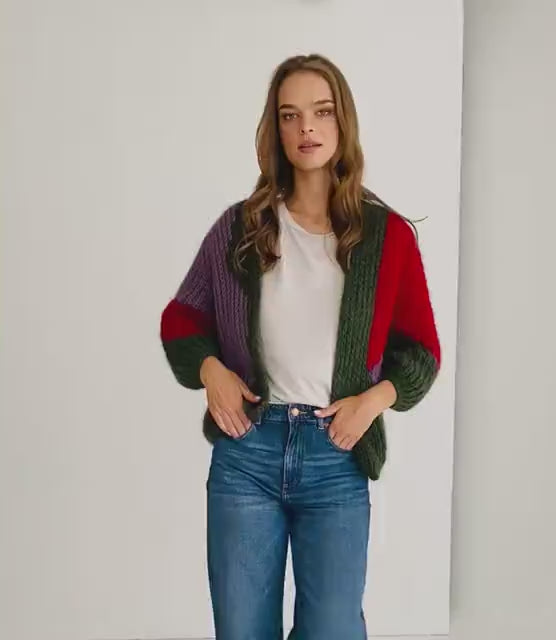 Green mohair cardigan, cable knit alpaca wool blend sweater, oversized purple fluffy bomber, red fuzzy chunky knitted cardigan, minimaliste