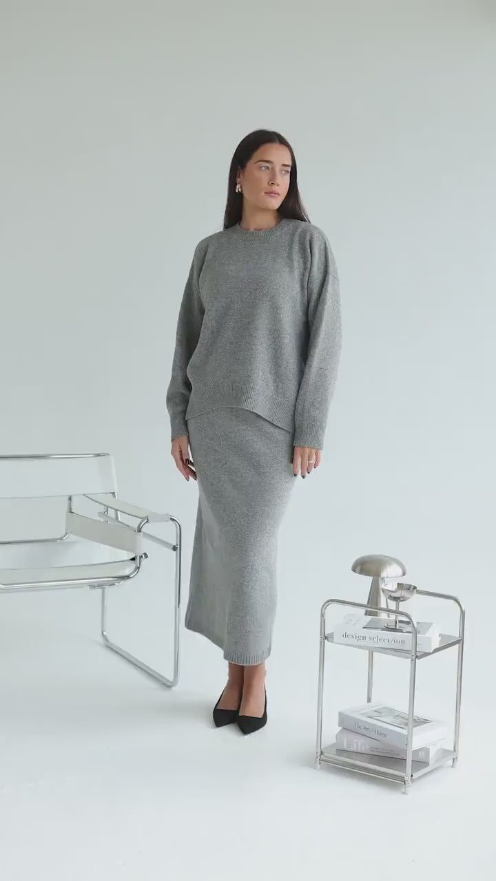 Gray Knitted Classic Style Merino Wool Long Pensil Skirt For Women