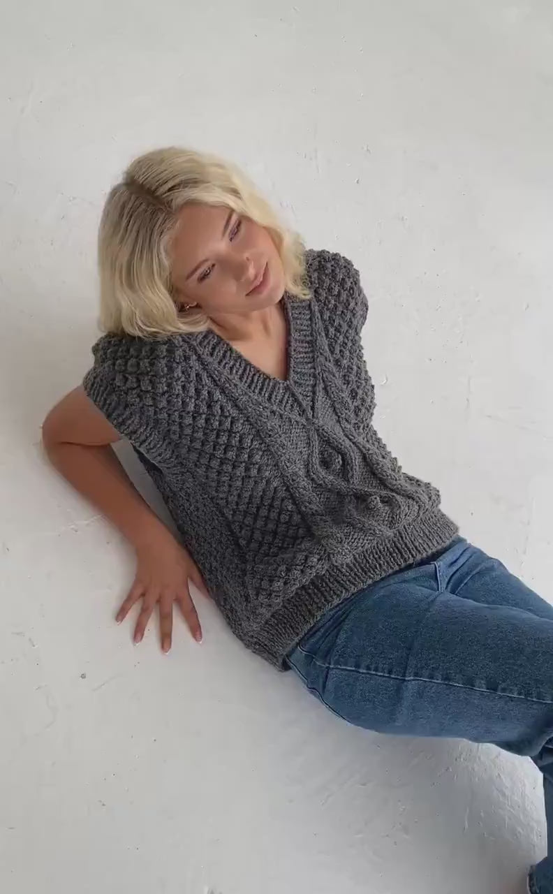 Chunky knit gray alpaca wool sweater vest, grey cable knitted v-neck winter gilet,thick handmade Fair Isle hand-made top pullover with braid