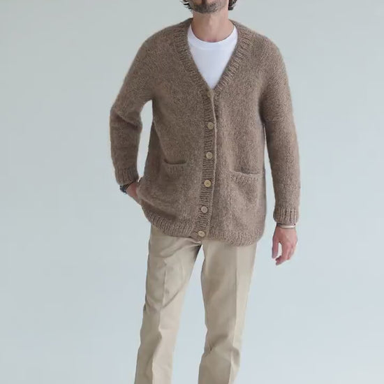 Mens knitted beige alpaca wool cardigan, pastel knit Scandinavian style sweater for man, minimalist jacket with buttons and pockets for men