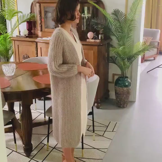 Knee length beige mohair cardigan, open front long creamy mohair wool coat, chunky rib knit regular fit cardigan, fuzzy oversized sweater