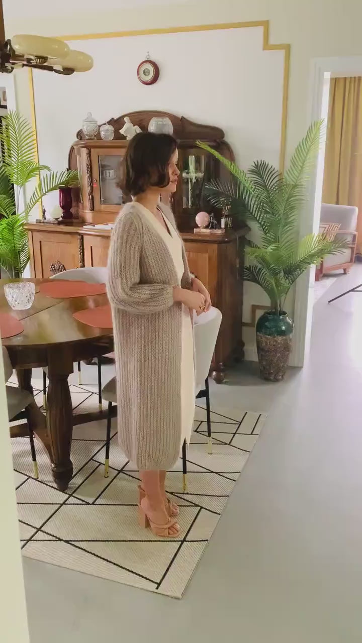 Knee length beige mohair cardigan, open front long creamy mohair wool coat, chunky rib knit regular fit cardigan, fuzzy oversized sweater
