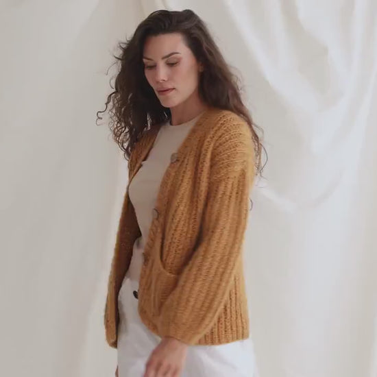 Yellow Cardigan With Deep Pockets, Soft Mustard Cable Knit Cardigan, Fishermans Rib Knit Sweater, Curry Alpaca Cardigan, Chunky Cardigan