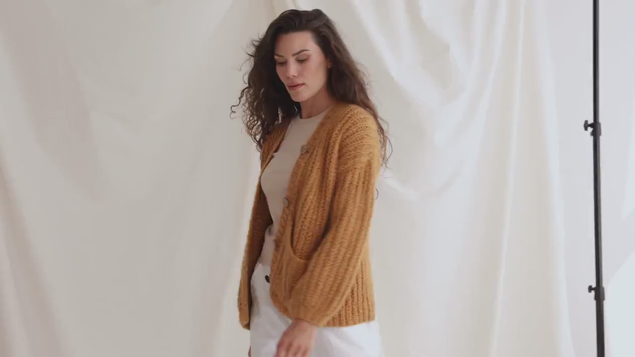 Yellow Cardigan With Deep Pockets, Soft Mustard Cable Knit Cardigan, Fishermans Rib Knit Sweater, Curry Alpaca Cardigan, Chunky Cardigan