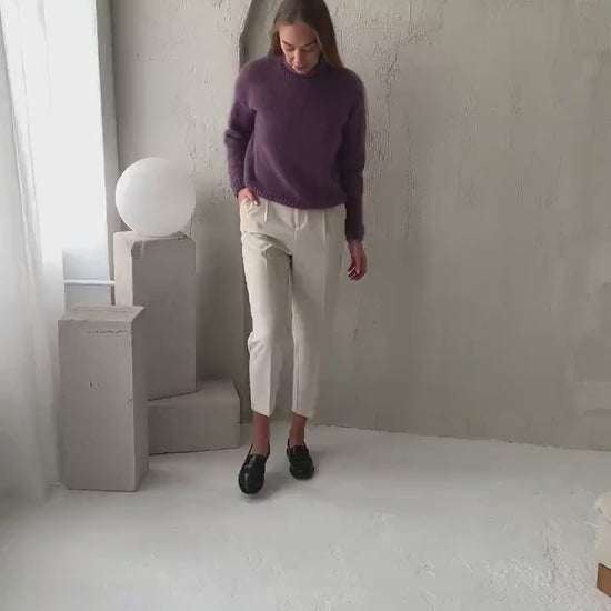 Purple mohair sweater, violet cable knit alpaca pullover, heather fuzzy mohair turtleneck jumper, fluffy mohair high neck sweater, gift