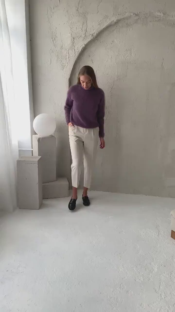 Purple mohair sweater, violet cable knit alpaca pullover, heather fuzzy mohair turtleneck jumper, fluffy mohair high neck sweater, gift