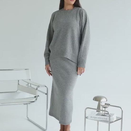 Gray Knitted Classic Style Merino Wool Long Pensil Skirt For Women