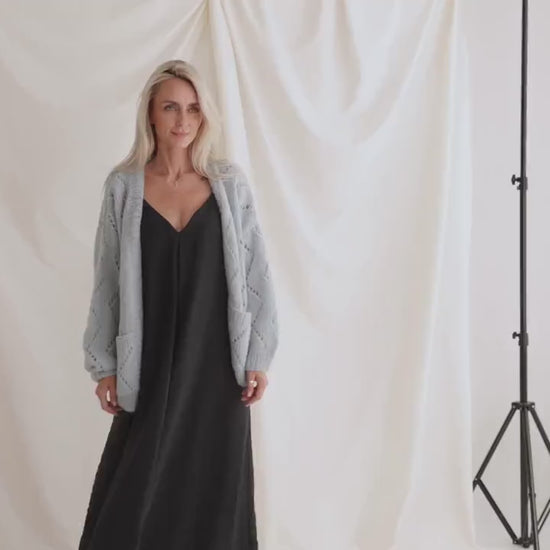 Pink cable knit alpaca cardigan with deep pockets, open front knitted oversize sweater, balloon sleeves, pastel lightweight loose cardigan