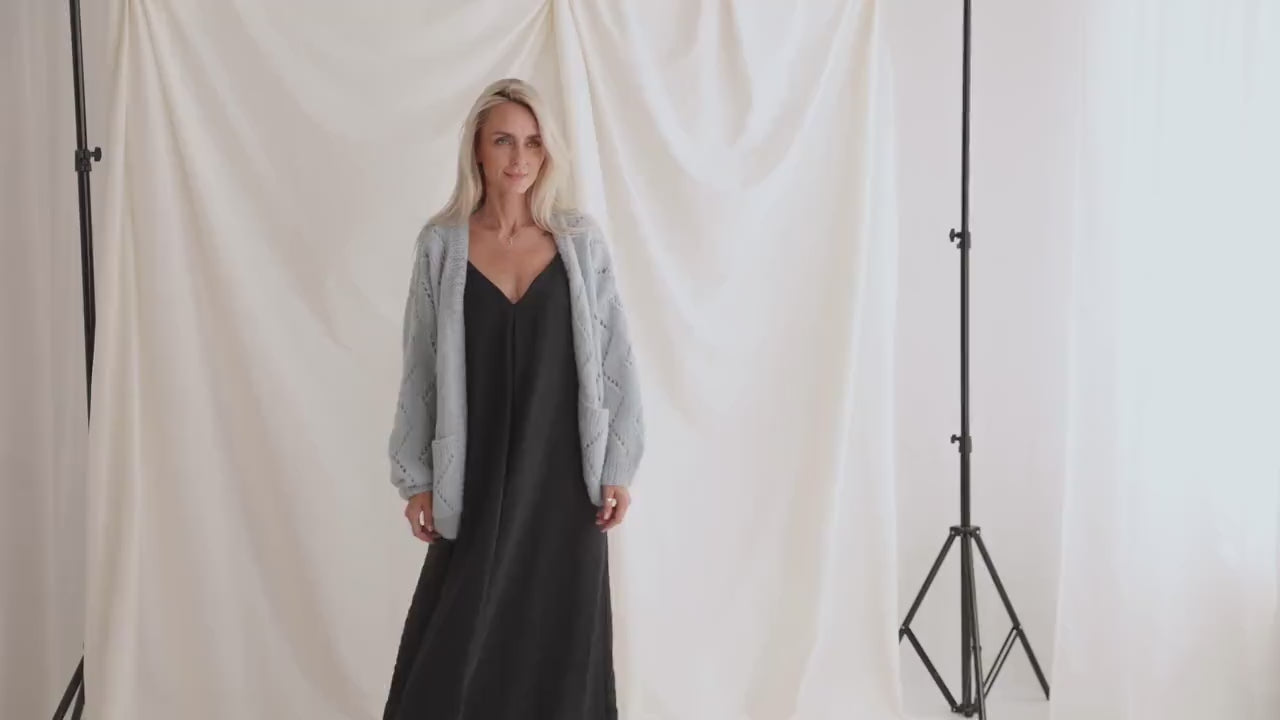 Pink cable knit alpaca cardigan with deep pockets, open front knitted oversize sweater, balloon sleeves, pastel lightweight loose cardigan