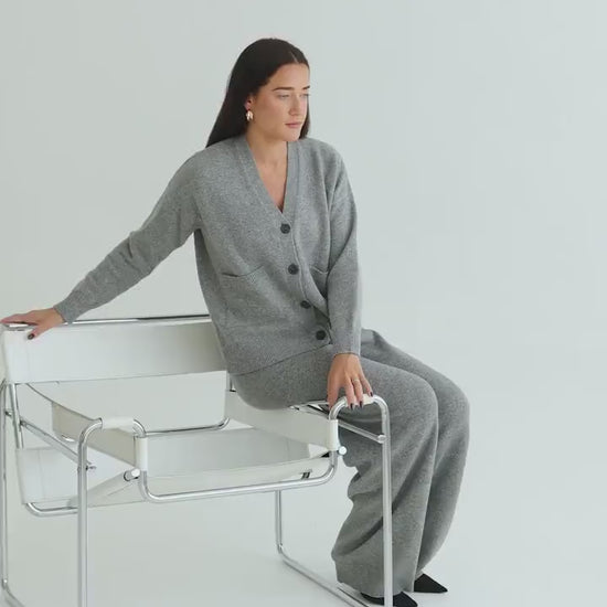 Gray Knitted Merino Wool Cardigan And Trousers Set