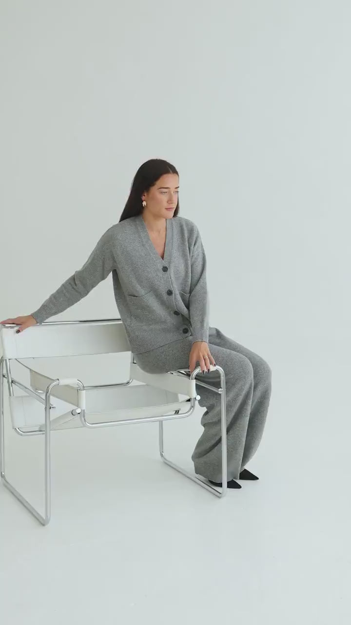 Gray Knitted Merino Wool Cardigan And Trousers Set