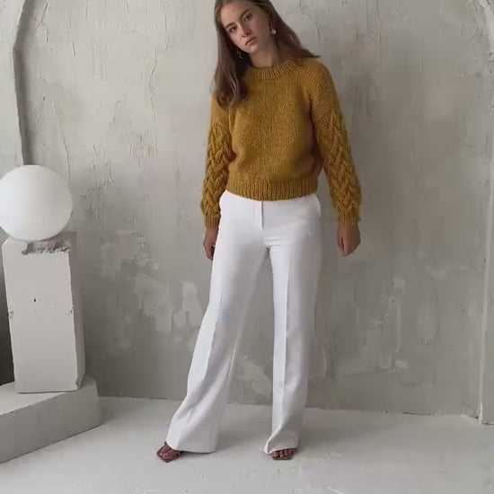 Sand mohair high waste knitted sweater, beige cropped alpaca wool blend jumper, camel fluffy crop cable knit pullover, fuzzy short chunky