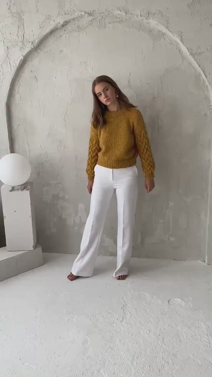 Sand mohair high waste knitted sweater, beige cropped alpaca wool blend jumper, camel fluffy crop cable knit pullover, fuzzy short chunky