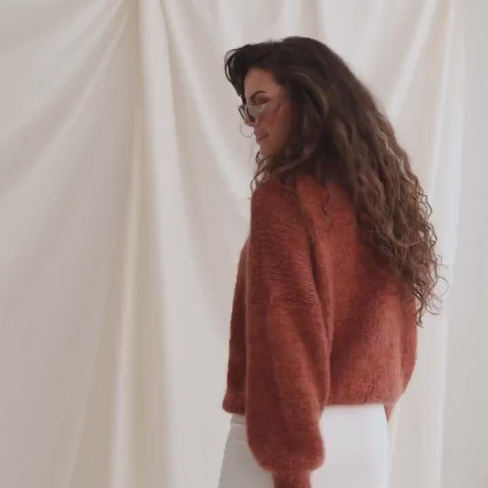 Rust Mohair Sweater, Oversized Cable Knit Woman Pullover, Relaxed Fit Alpaca Jumper, Fluffy Brick Pullover, Chunky Knit Loose Sweater, Boho
