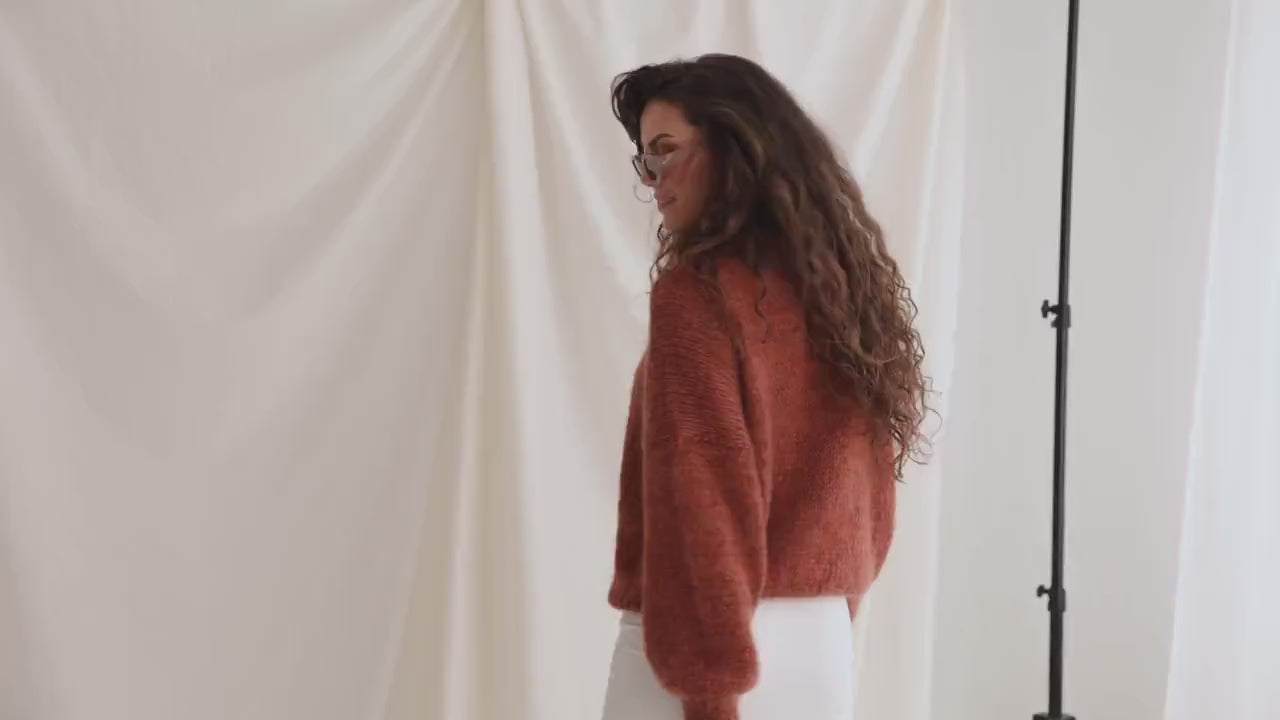 Rust Mohair Sweater, Oversized Cable Knit Woman Pullover, Relaxed Fit Alpaca Jumper, Fluffy Brick Pullover, Chunky Knit Loose Sweater, Boho