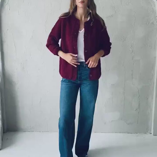 Bordeaux Alpaca Wool Cardigan With Buttons, Burgundy Red Cable Knit Lightweight Sweater, Slightly Oversized Minimalist Classy Women Gilet
