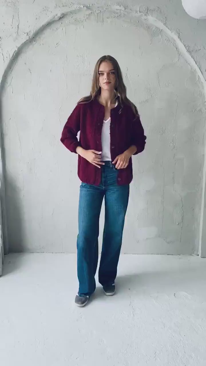 Bordeaux Alpaca Wool Cardigan With Buttons, Burgundy Red Cable Knit Lightweight Sweater, Slightly Oversized Minimalist Classy Women Gilet