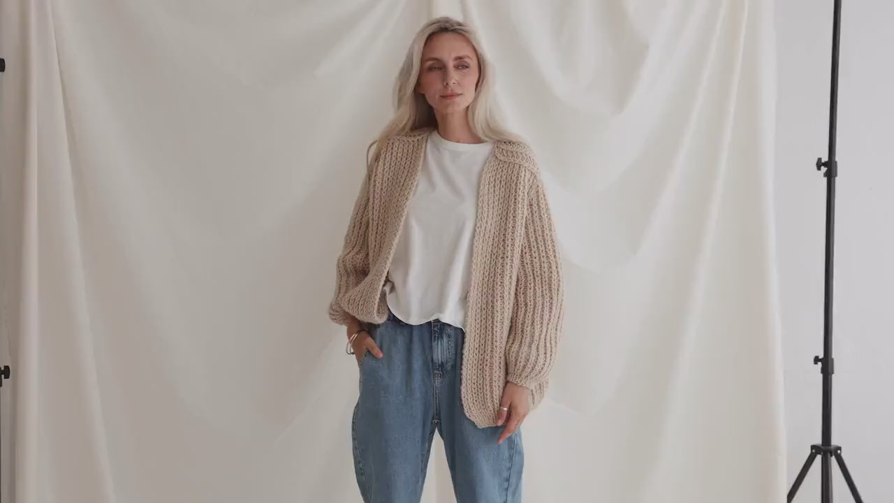 Beige Oversize Alpaca Cardigan, Chunky Fhishermans Rib Cardigan, Cable Knit Women Sweater, Loose Wool Cardigan, Nude Alpaca Knit Bomber,Gift