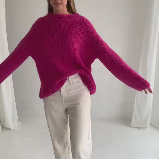 Pink Oversized Sweater, Cerise Red Knitted Jumper, Rose Pink Cable Knit Alpaca Wool Pullover, Magenta Chunky Knit Women Jersey, Gift For Her