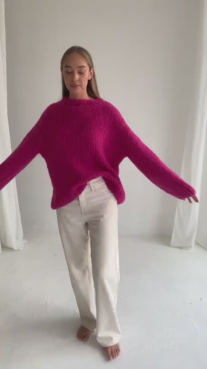 Pink Oversized Sweater, Cerise Red Knitted Jumper, Rose Pink Cable Knit Alpaca Wool Pullover, Magenta Chunky Knit Women Jersey, Gift For Her