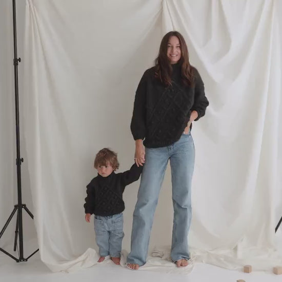 Matching Mother And Son Handmade Sweaters, Dark Gray Mommy and Me Cable Knit Jumpers, Mini Me Toddler Pullover, Alpaca Baby Boy,Girl Sweater