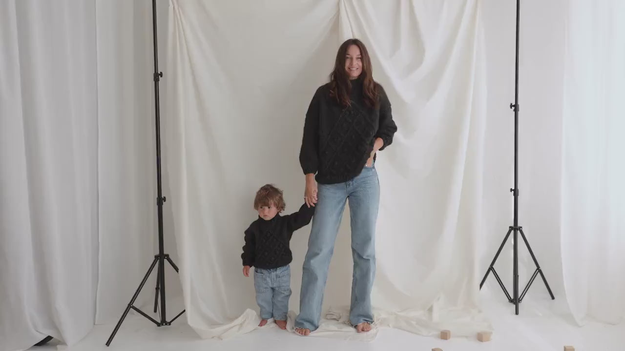 Matching Mother And Son Handmade Sweaters, Dark Gray Mommy and Me Cable Knit Jumpers, Mini Me Toddler Pullover, Alpaca Baby Boy,Girl Sweater