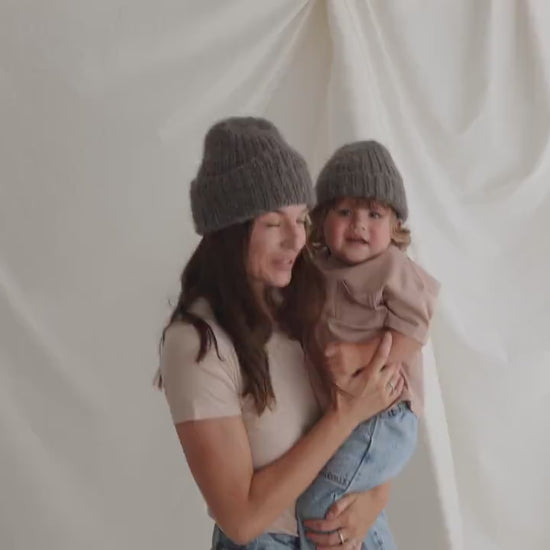 Mommy and me matching knit hats, gray mom and baby twining hats, mini me matching cable knit hats, matching mother and daughter or son hats