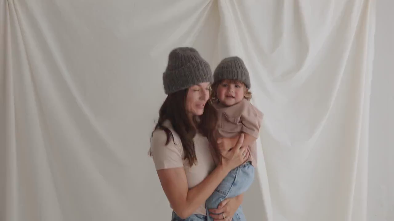 Mommy and me matching knit hats, gray mom and baby twining hats, mini me matching cable knit hats, matching mother and daughter or son hats