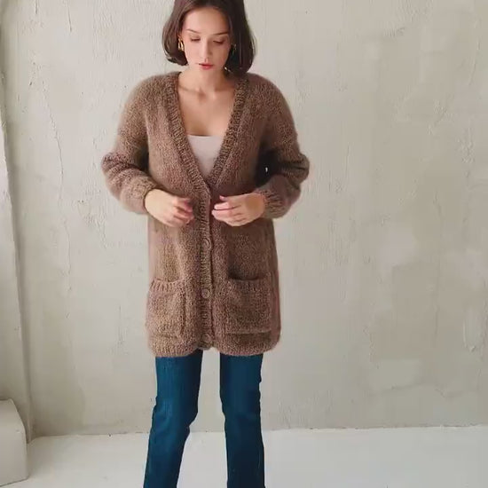 Beige Alpaca Cardigan With Pockets, Burned Caramel Relaxed Cable Knit Buttoned Cardigan, Brown Long Chunky Knit Wool Sweater With Buttons