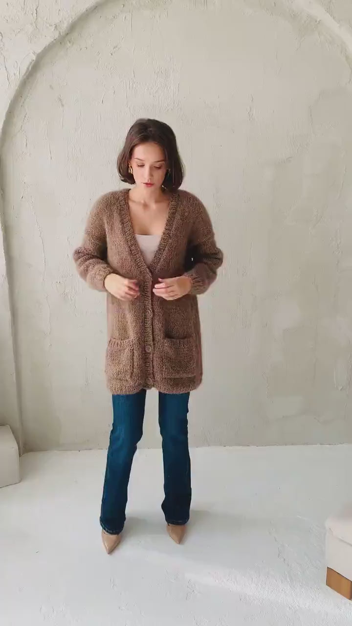 Beige Alpaca Cardigan With Pockets, Burned Caramel Relaxed Cable Knit Buttoned Cardigan, Brown Long Chunky Knit Wool Sweater With Buttons