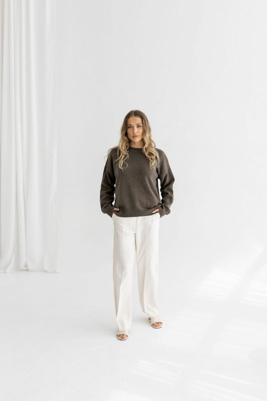 Brown knitted merino wool sweater for women, coffee brown oversized women's knit minimalist pullover with longer back, jumper for her, gift
