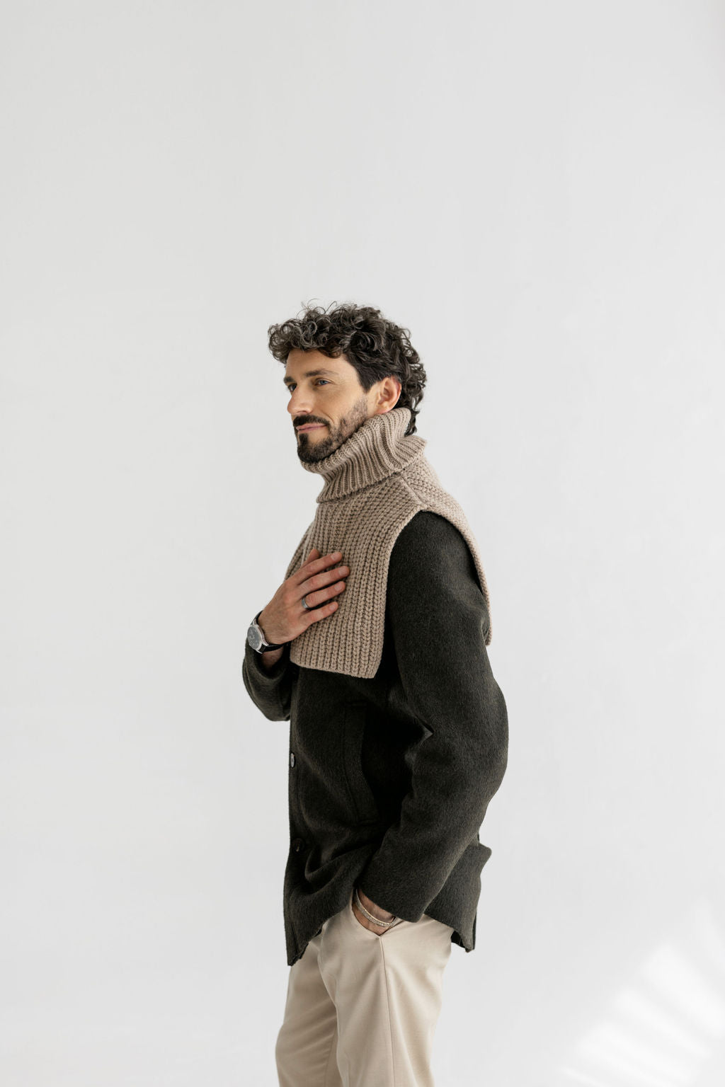 Chunky Knit Beige Merino Wool Men's Neck Warmer, Warm Beige Ribbed Knitted Minimal Fall Winter Scarf, Taupe Unisex Neck Wrap, Gift For Him
