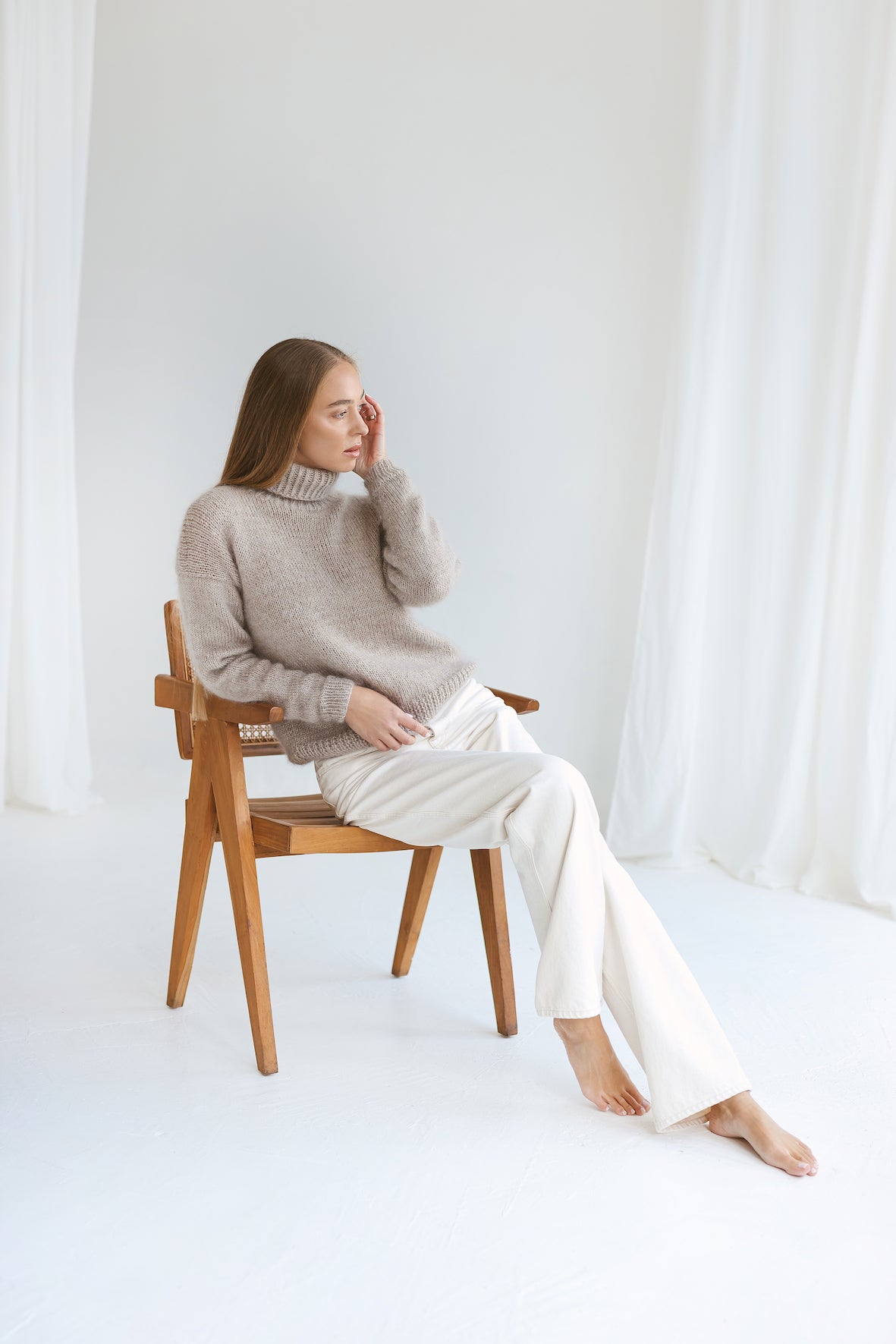 Beige mohair turtleneck pullover